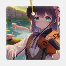 Anime Girl Jouer le violon et les Axolotls