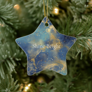 Ornement En Céramique Aqua Sky Blue Gold Glitzy Confetti Sparkle
