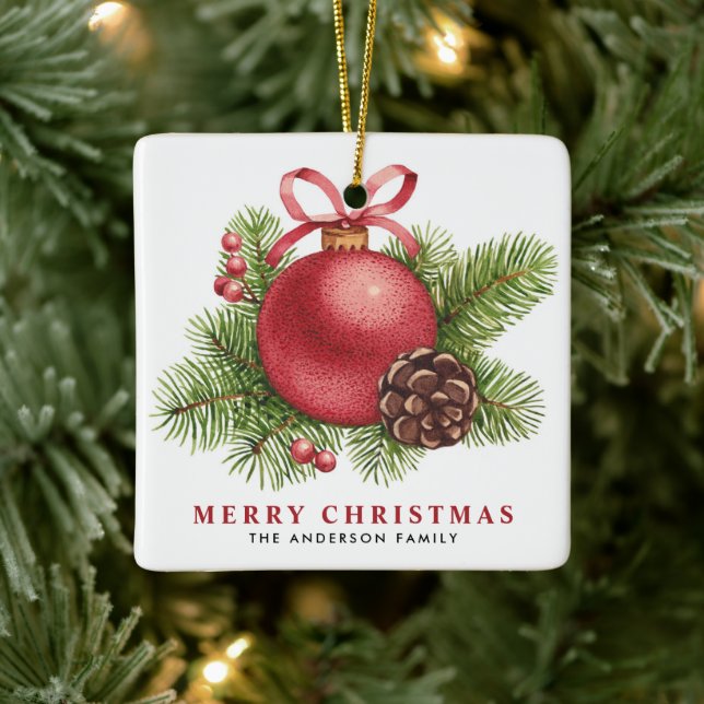 Ornement En Céramique Aquarelle Bauble rouge Joyeux Noël (Arbre)