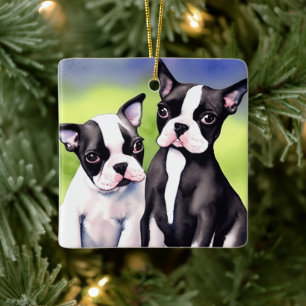 Ornement En Céramique Aquarelle Boston Terrier Puppies