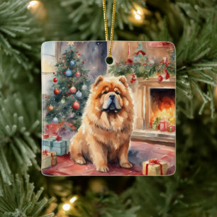 Ornement En Céramique Aquarelle Chow Chow - Scène de Noël