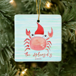 Ornement En Céramique Aquarelle Crabe rouge Santa Hat Beach Noël
