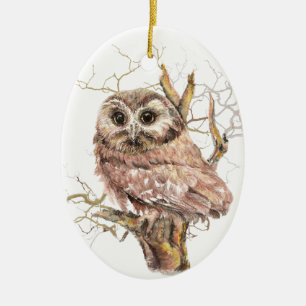 Ornement En Céramique Aquarelle Cute Saw Whet Owen, Bird