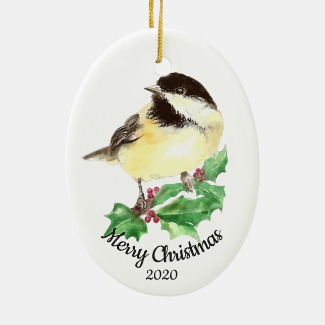 Ornement En Céramique Aquarelle de Noël personnalisée Chickadee Bird (Dos)