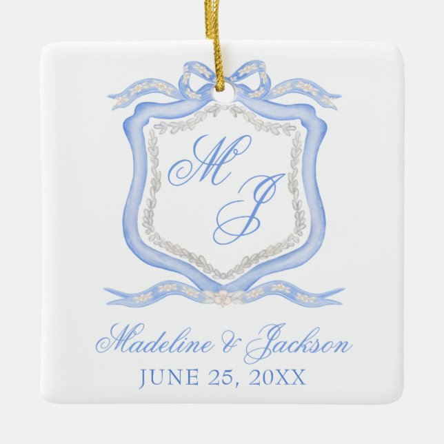 Ornement En Céramique Aquarelle Designer Blue Monogram Crest (Devant)