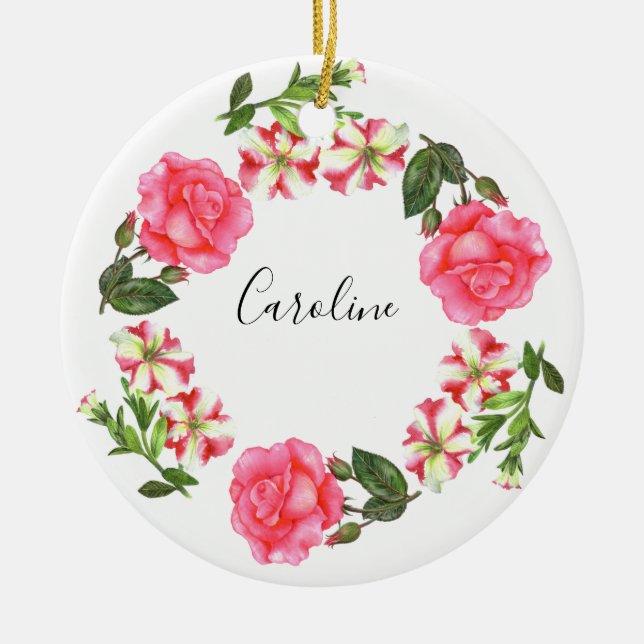 Ornement En Céramique Aquarelle Fleurs roses Cercle de couronne (Devant)