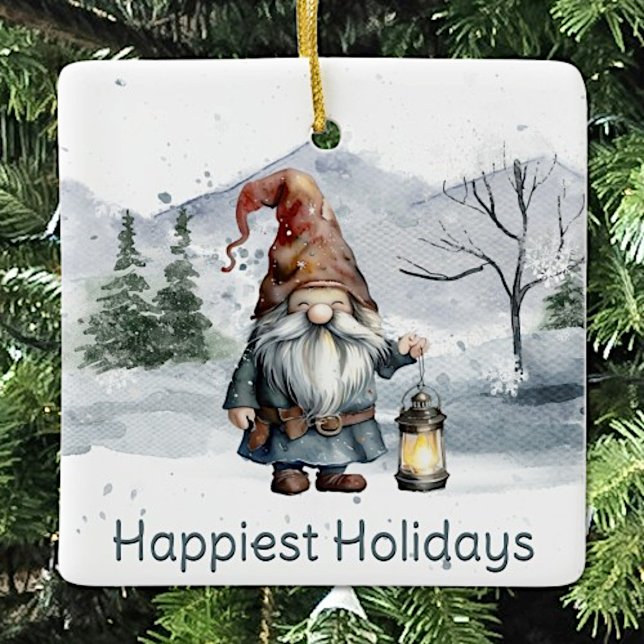 Ornement En Céramique Aquarelle hiver Gnome de Noël (Watercolor Winter Christmas Gnome Ceramic Ornament)