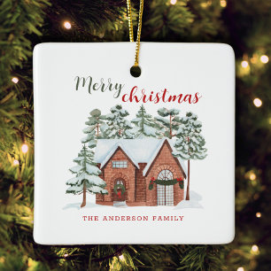 Ornement En Céramique Aquarelle hiver Rouge vert Pins nordiques Noël