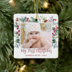 Ornement En Céramique Aquarelle Holly Berry Baby Photo de Noël