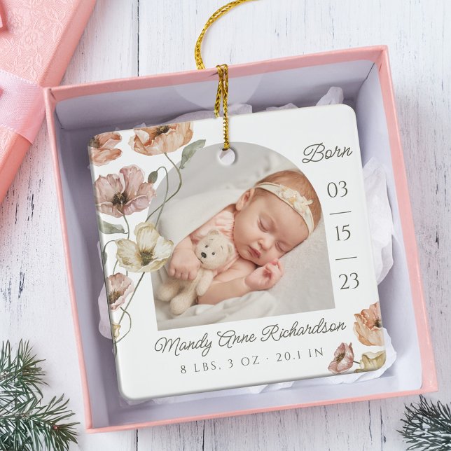 Ornement En Céramique Aquarelle Islandais Poppy Baby Birth Stats Photo (Watercolor Icelandic Poppy Baby Birth Stats Photo Ceramic Ornament)