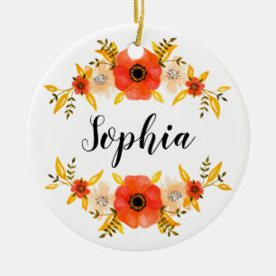 Ornement En Céramique Aquarelle mignonne Coral Floral Wreath Texte perso