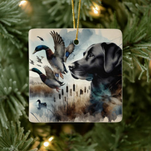 Ornement En Céramique Aquarelle Noir Labrador Et Canards