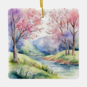 Ornement En Céramique Aquarelle Ressort paysage naturel