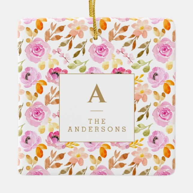 Ornement En Céramique Aquarelle rose d'été Famille Florale Monogramme (Devant)