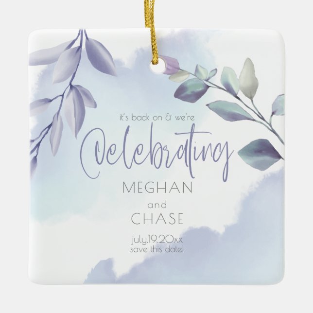 Ornement En Céramique Aquarelle rustique Aqua Lilac Feuilles Enregistrer (Devant)