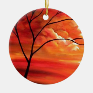 Ornement En Céramique Arbre Abstrait et coucher de soleil rouge