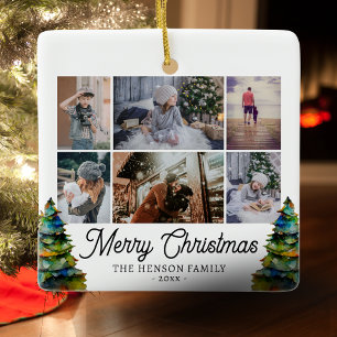 Ornement En Céramique Arbre de Noël Aquarelle Famille 6 Photo Collage