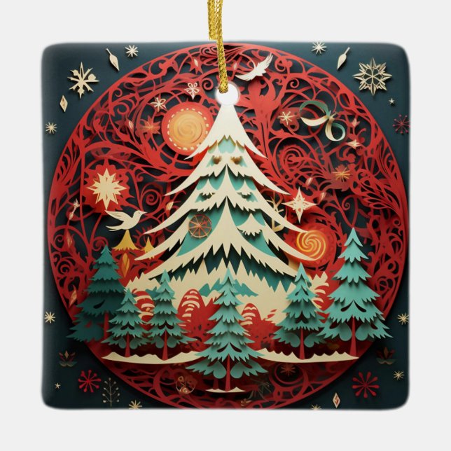 Ornement En Céramique Arbre de Noël coupé en papier (Devant)