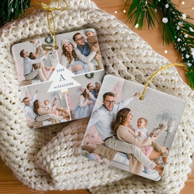 Ornement En Céramique Arbre de Noël moderne Monogramme Quatre photos (Modern Christmas Tree Monogram Four Photo Family Ceramic Ornament)