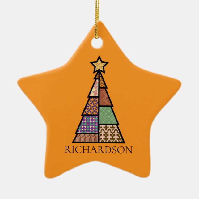 Ornement En Céramique Arbre de Noël patchwork avec monogramme (Devant)