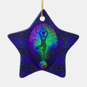 Ornement En Céramique Arbre de yoga Paix Arc-en-ciel