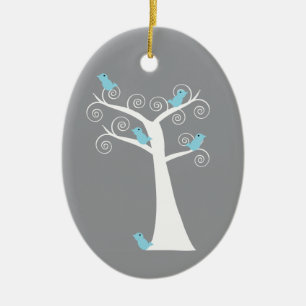 Ornement En Céramique Arbre en spirale blanc avec oiseaux bleus Art de l