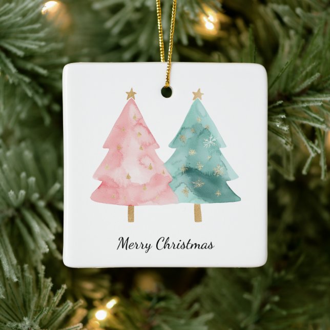 Ornement En Céramique Arbres de Noël verts roses (Arbre)