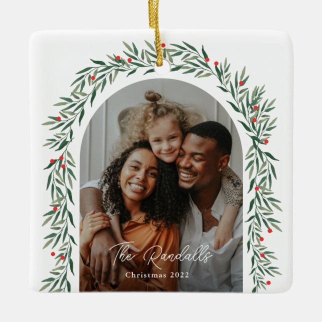 Ornement En Céramique Arc de verdure Script moderne Photo Noël (Devant)