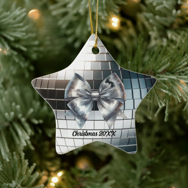 Ornement En Céramique Argent Bow métallique en miroir Année Accent (Arbre)