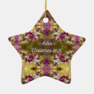 Ornement En Céramique ASHA ~ Gold Christmas Star Fractal ~