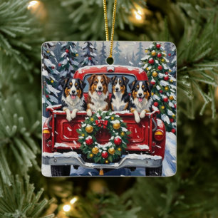 Ornement En Céramique Australian Shepherd Noël Camion Rouge Fêtes