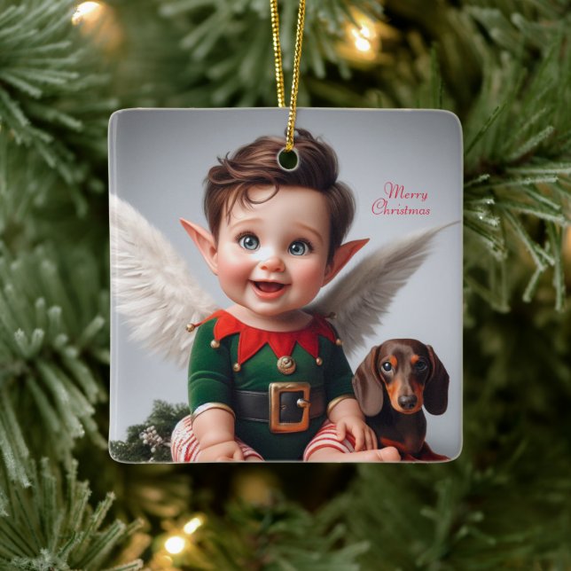 Ornement En Céramique Baby Christmas Elf and Dachshund Card (Arbre)
