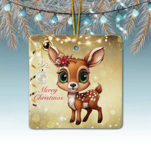 Ornement En Céramique Baby Deer, Fawn, Doe 🦌 Gold Joyeux Noël
