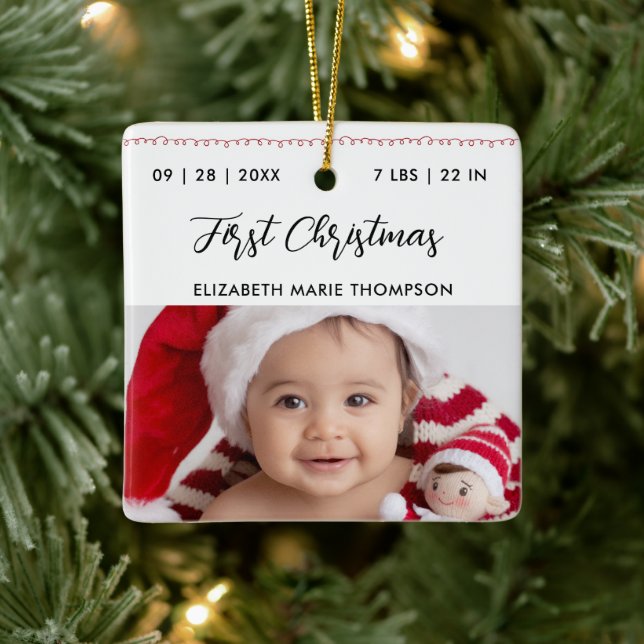 Ornement En Céramique Baby First Christmas Birth Stats Name Calligraphy  (Arbre)