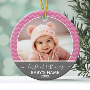 Ornement En Céramique Baby First Christmas - chevrons roses et gris