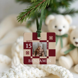 Ornement En Céramique Baby First Christmas Fun Retro Checkerboard Photo