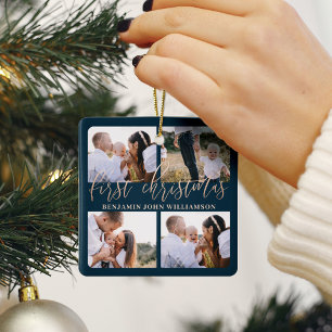 Ornement En Céramique Baby First Christmas Marine Gold Script Four Photo