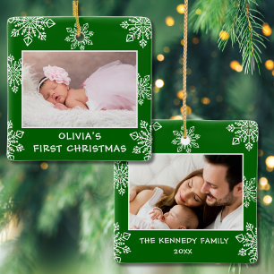 Ornement En Céramique Baby First Christmas Snowflakes 2 Photo Green