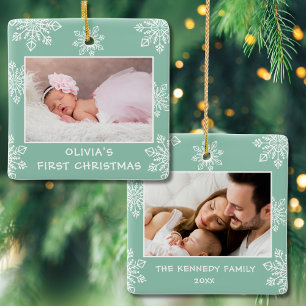 Ornement En Céramique Baby First Christmas Snowflakes 2 Photo Mint Green