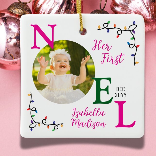 Ornement En Céramique Baby Girl First Christmas Pink First Noel Photo (Créateur téléchargé)