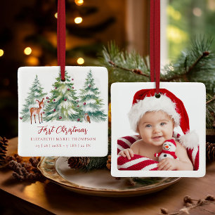 Ornement En Céramique Baby Premier Noël Chouette Cerf Photo Bois