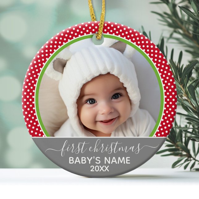 Ornement En Céramique Babys First Christmas - photo pois (Personalized Photo Ornament - Baby's First Christmas)