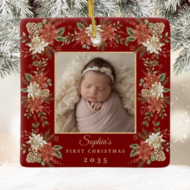Ornement En Céramique Baby's First Christmas Poinsettia Photo (Créateur téléchargé)