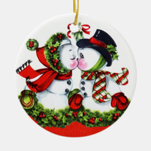 Ornement En Céramique Baisers des couples de bonhomme de neige