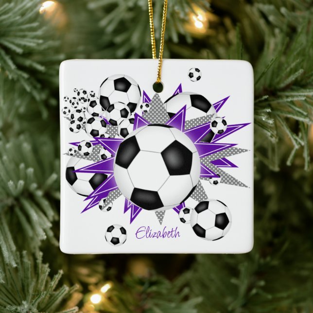 Ornement En Céramique ballons de football violet gris étoiles filles spo (Arbre)