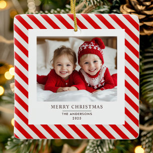 Ornement En Céramique "Bande rouge avec photo Joyeux Noël et nom