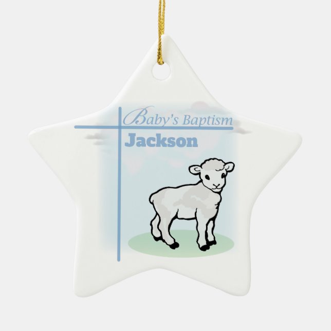 Ornement En Céramique Baptême Agneau de garçon bleu, personnalisable (Devant)