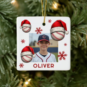 Ornement En Céramique Baseball Balle Santa Chapeau Nom Photo Noël