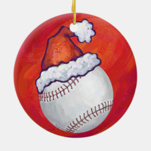 Ornement En Céramique Baseball with Santa Hat on Red
