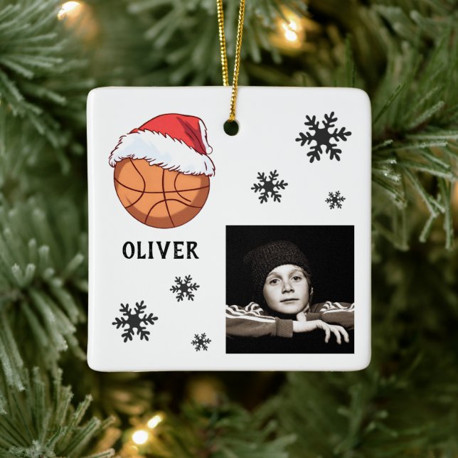 Ornement En Céramique Basket Ball Santa Hat Snowflake Nom Photo (Arbre)